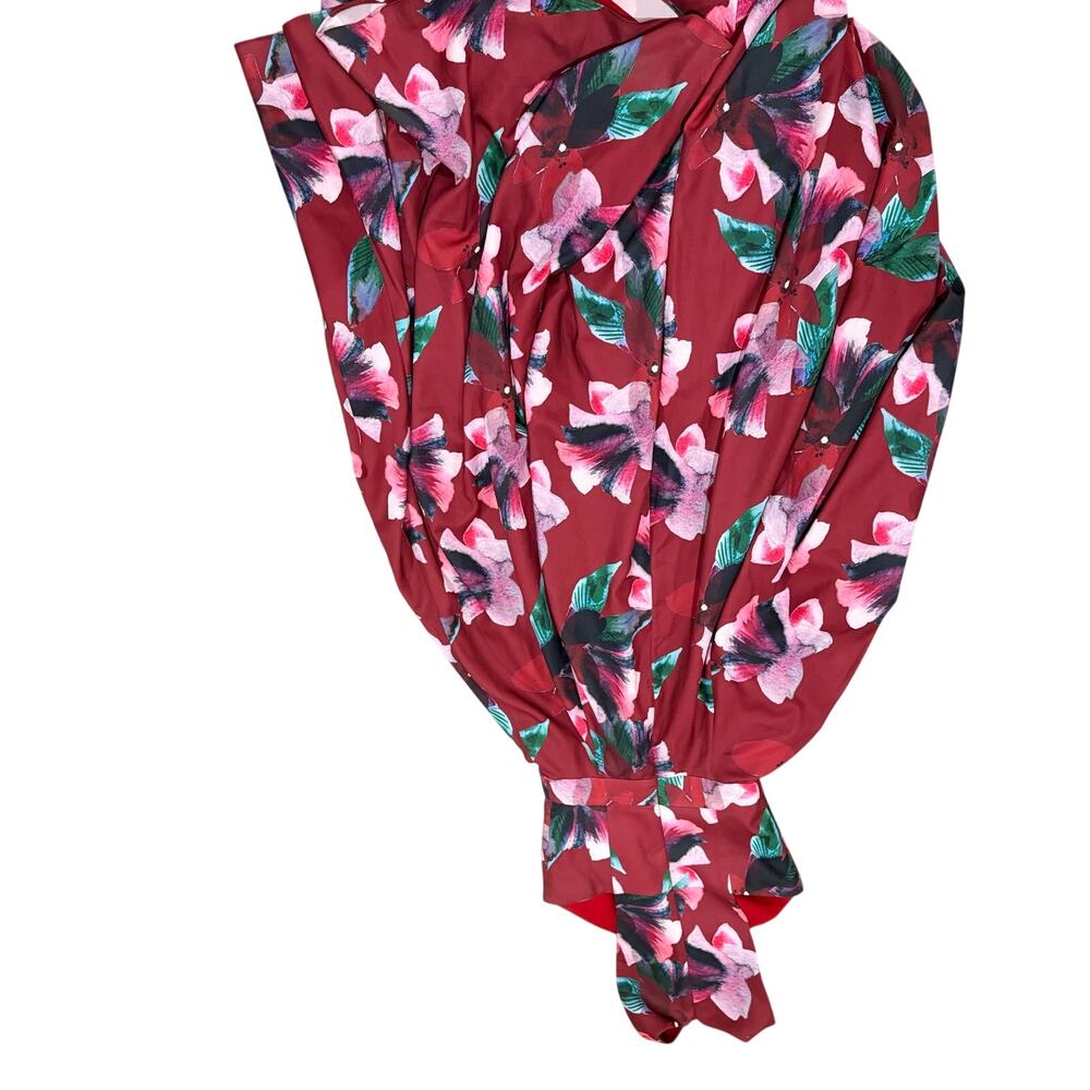 Fame And Partners Burgundy Floral Hummingbird Print A Line Gown Size 2 - Picture 4 of 7